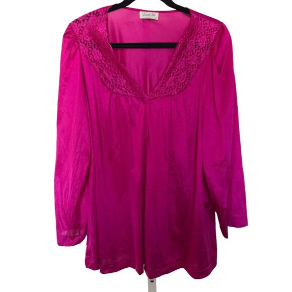 Vintage Vanity Fair Magenta Pink Pajama Top Blouse Nylon Size Medium Lace detail - Picture 1 of 5